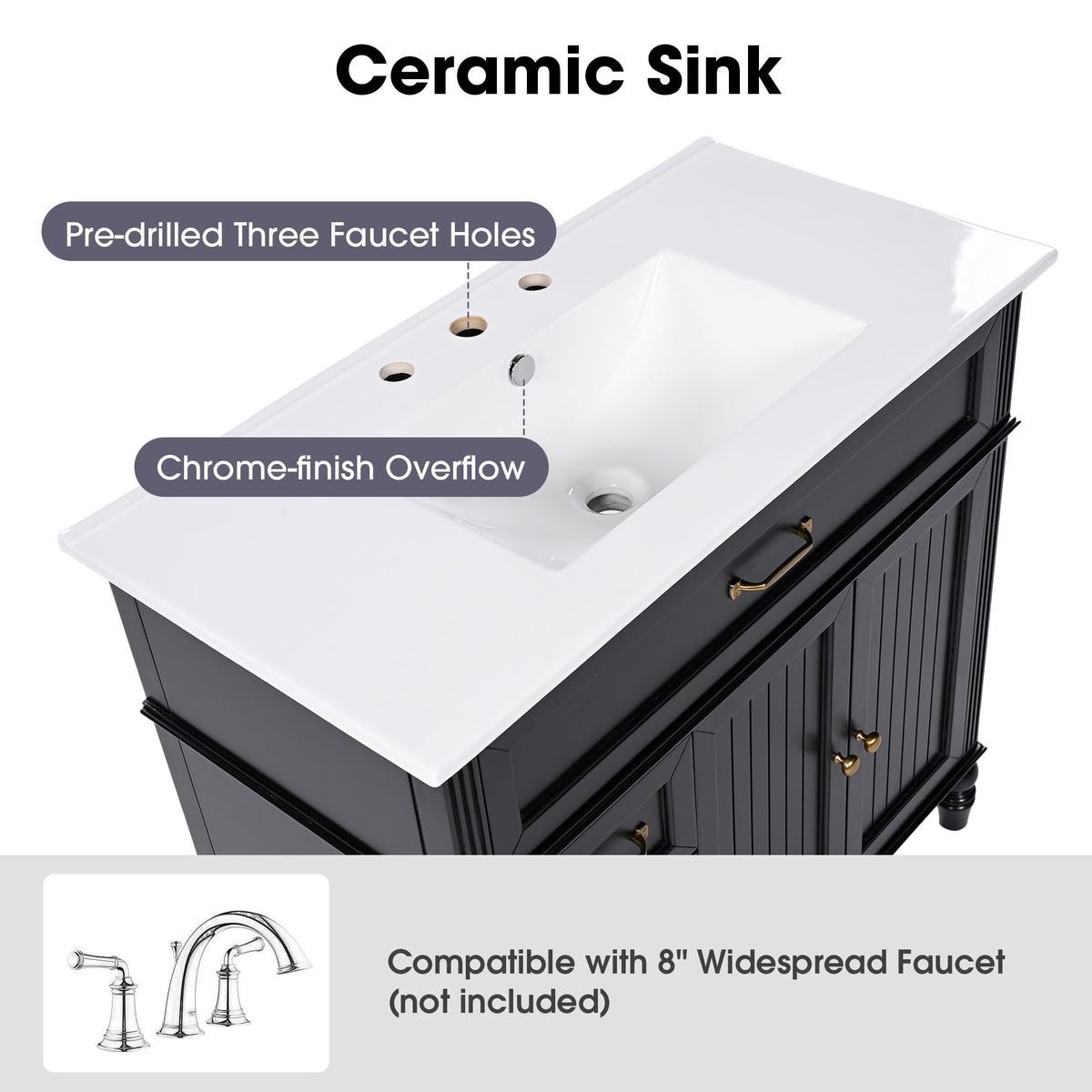 Bathroom Vanity With Sink, 2 Doors 2 Drawers - Black