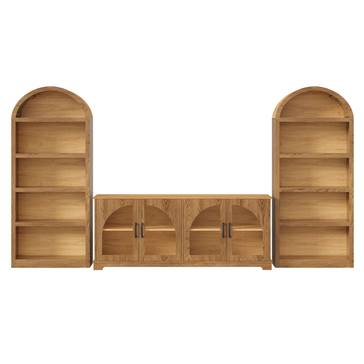 3 Piece TV Stand Set With Bookshelf With Arched Design For Living Room - Brown