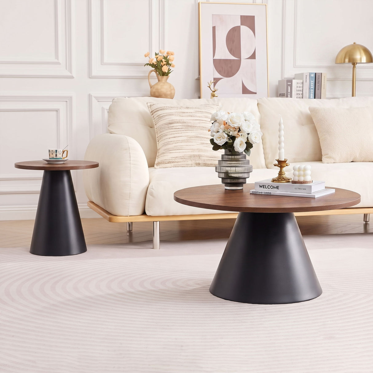 Nesting Coffee Table, Adjustable Foot Pads For Living Room (Set of 2) - Walnut / Black
