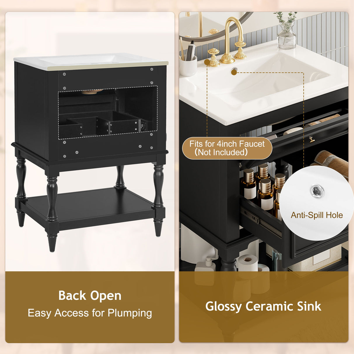 Bathroom Vanity With Sink, 2 Drawers Storage Cabinet, Open Shelf