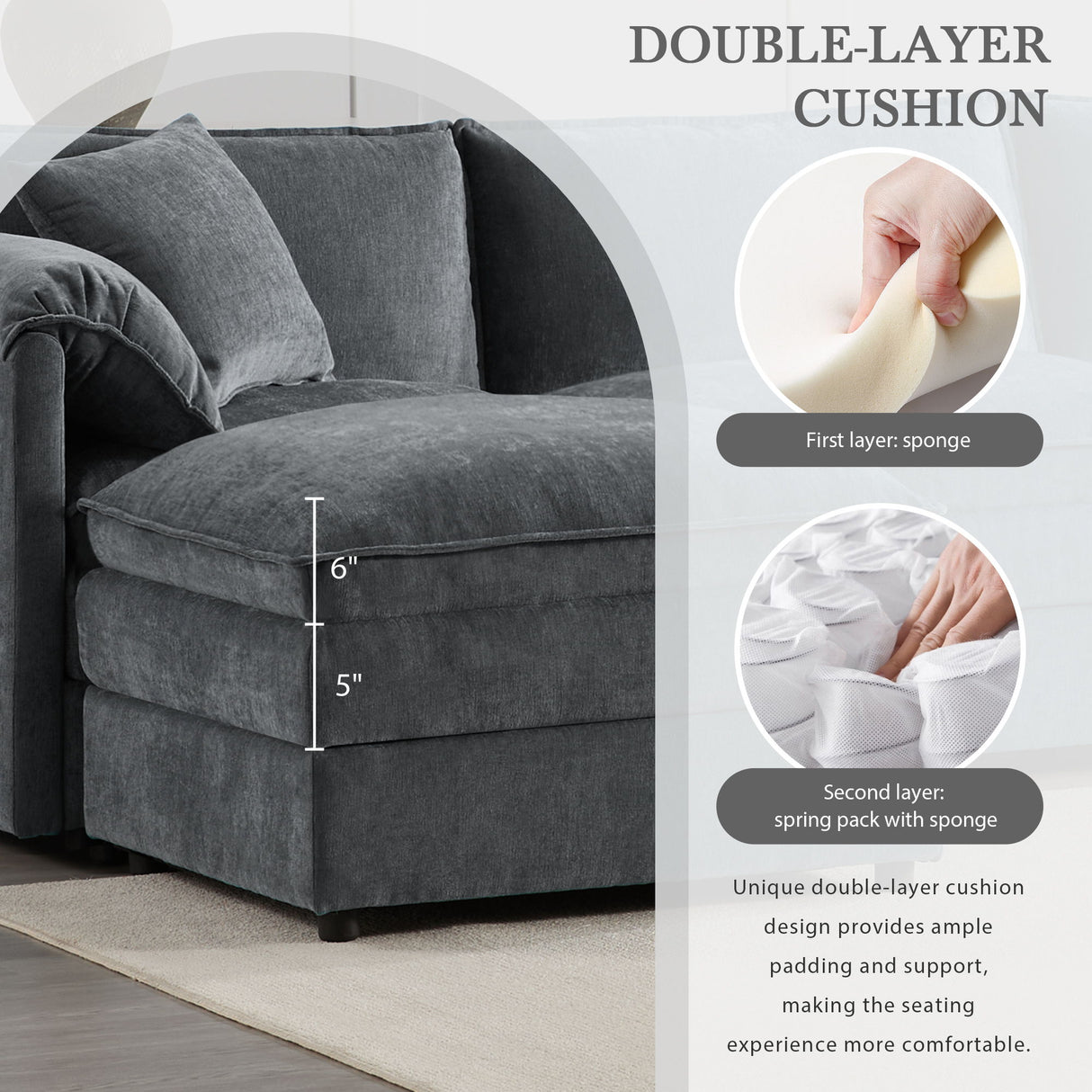 Modular Sectional With Deep And Wide Seat, Cloud Couch Set With Double Cushions Sofa With Movable Ottoman