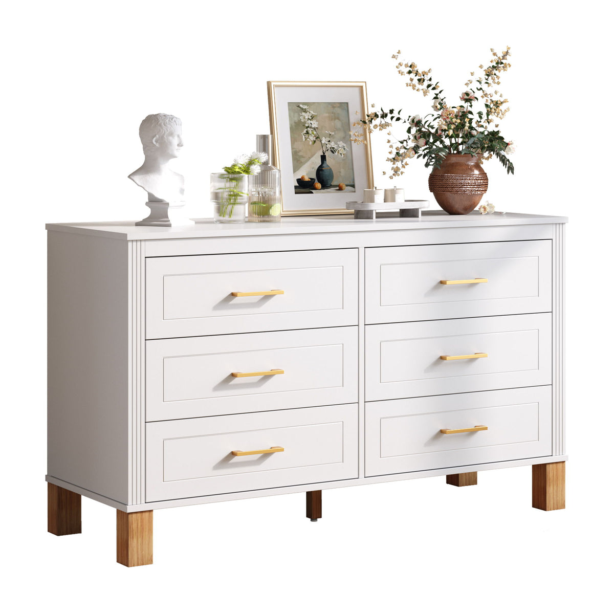 6 Drawer Double Dresser With Handles, Storage Cabinet - White
