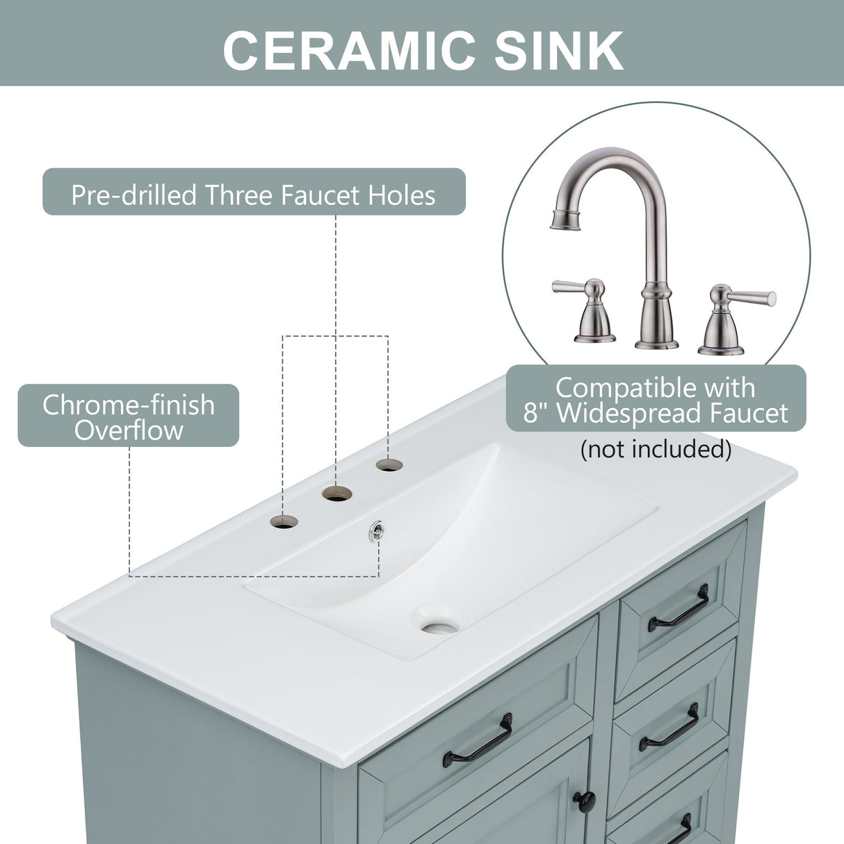 Bathroom Vanity With Ceramic Sink, Freestanding Design, 2 Tip Out Drawers, Soft Close Hinges - Gray