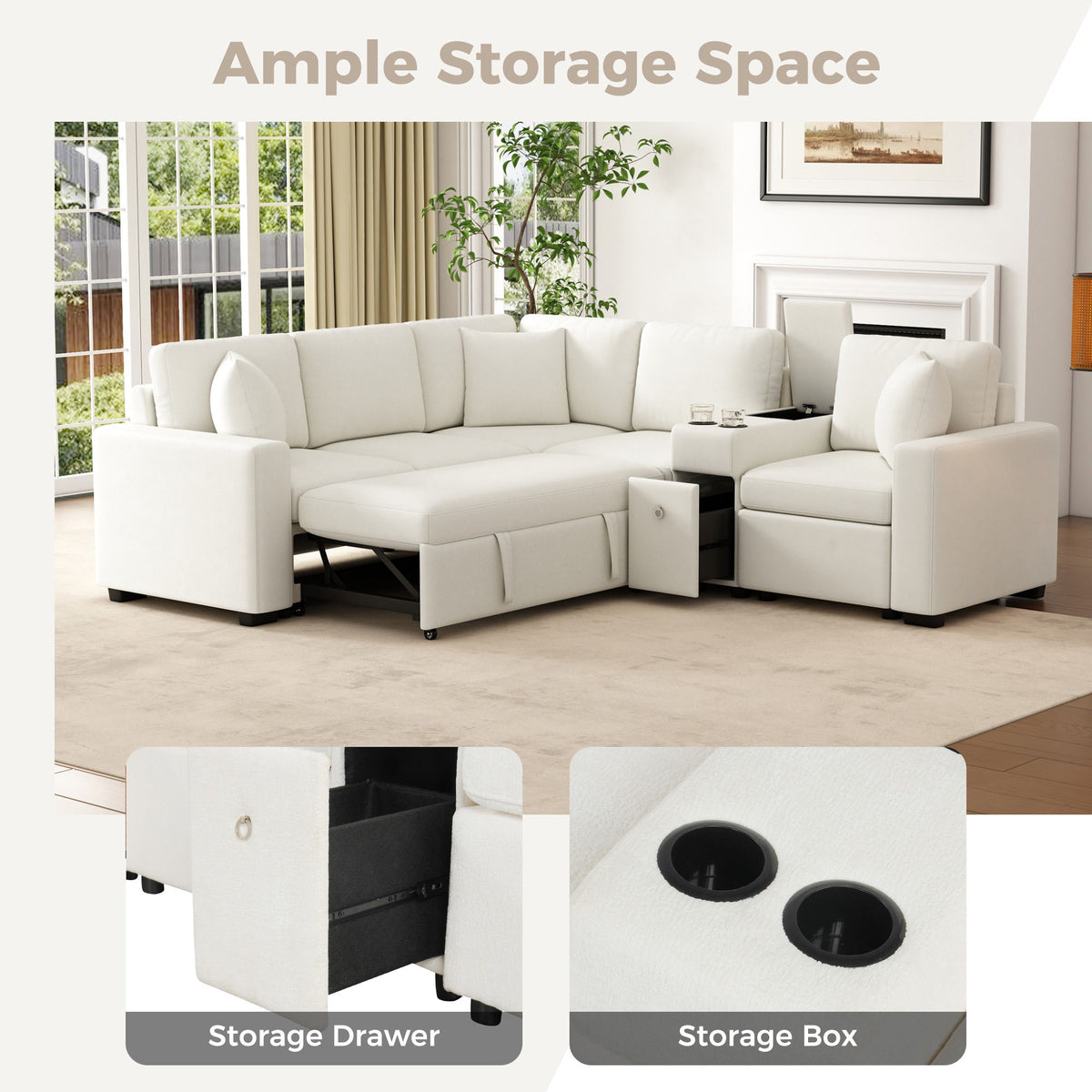 Modular L-Shaped Sectional Sofa Bed With Pull-Out Sleeper, Cup Holders, And Storage