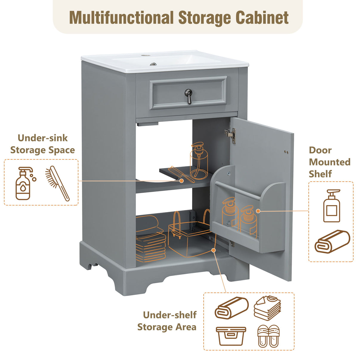 Elegant Bathroom Vanity With Ceramic Sink, Soft Close Door, Adjustable Shelf