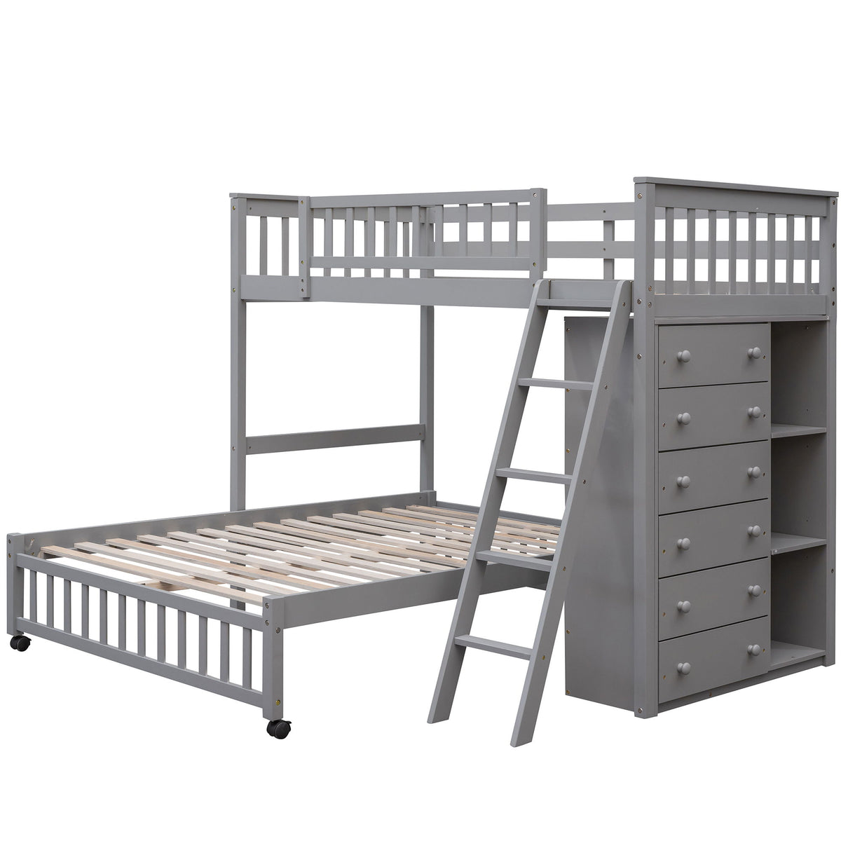 Twin Over Full Bunk Bed With 6 Drawers And Flexible Shelves, Bottom Bed With Wheels - Gray