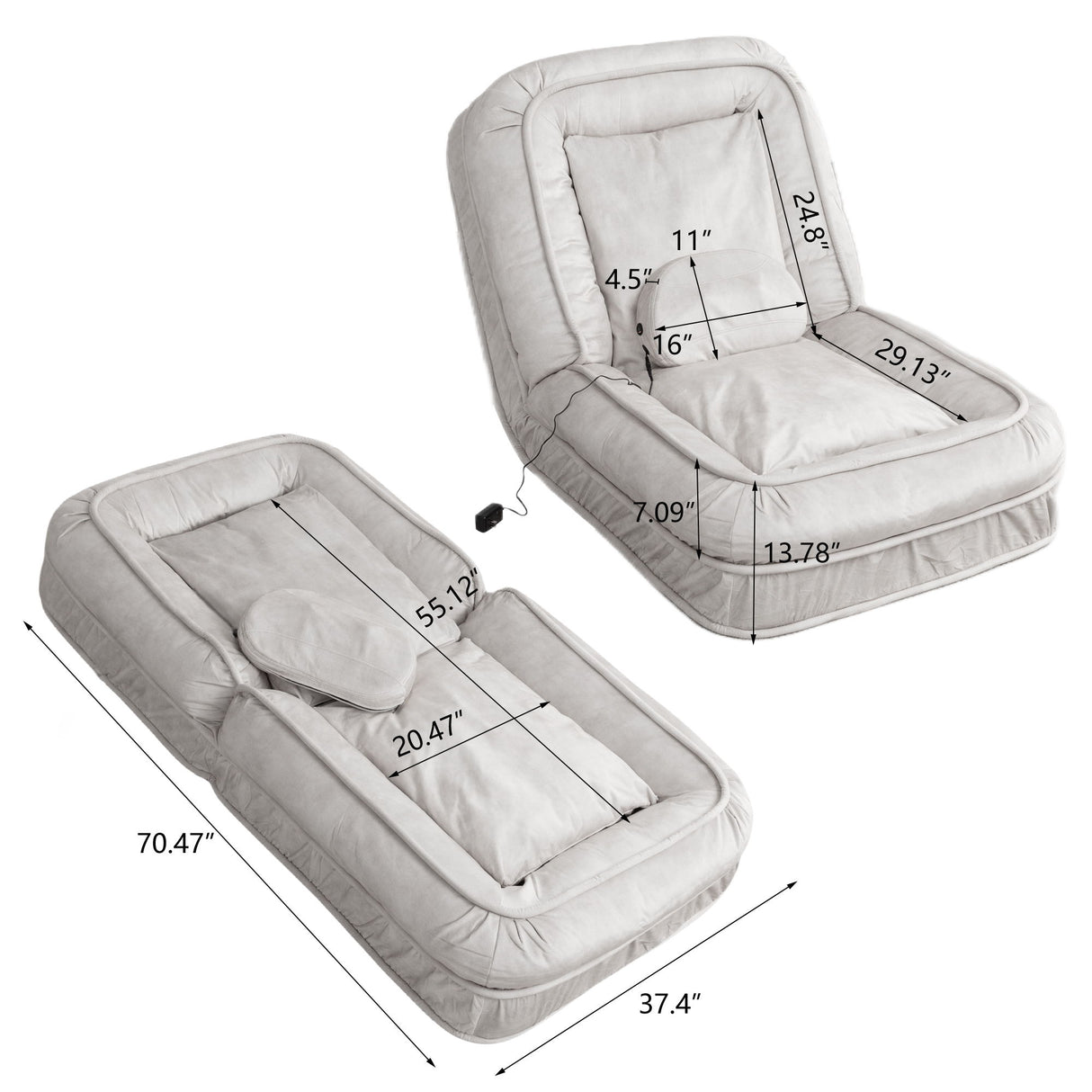 Upholstered Human Dog Bed And Pets, Bean Bag Floor Sofa With Massage Pillow, 5 Adjustable Positions & 2 Soft Pillows