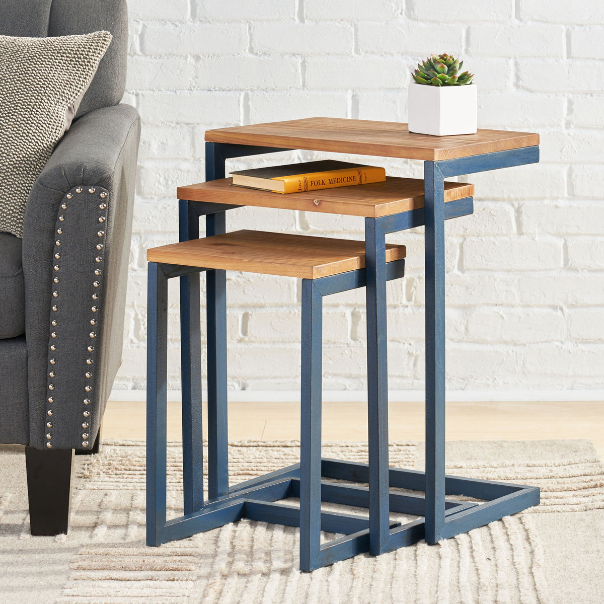 Kacha - Modern Industrial Firwood Nesting Tables (Set of 3) With Iron Frame - Antique Brown / Black