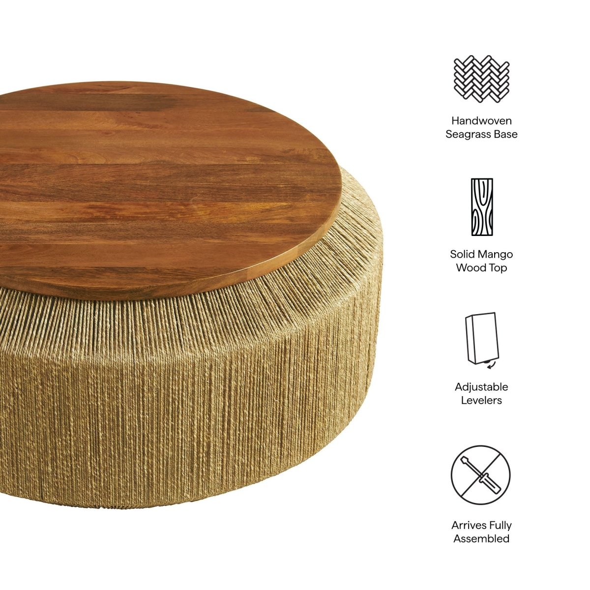37 Inch Artisan Handwoven Seagrass and Solid Wood Coffee Table in Walnut Natural - Coffee Tables available at Alpine Outlets in Denver