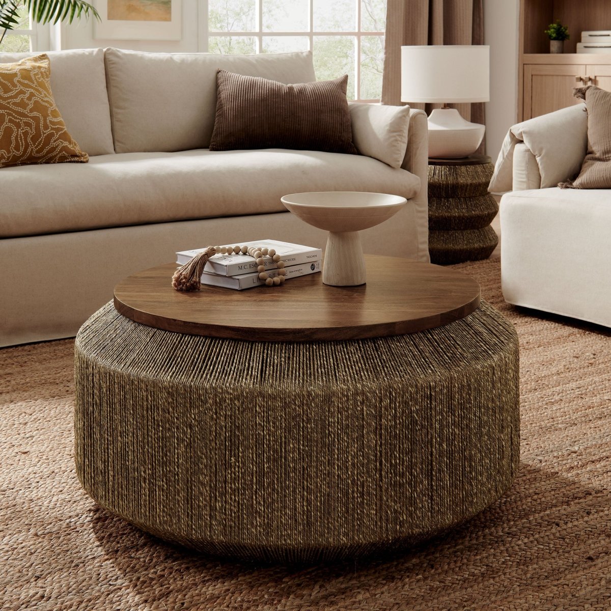 37 Inch Artisan Handwoven Seagrass and Solid Wood Coffee Table in Walnut Natural - Coffee Tables available at Alpine Outlets in Denver