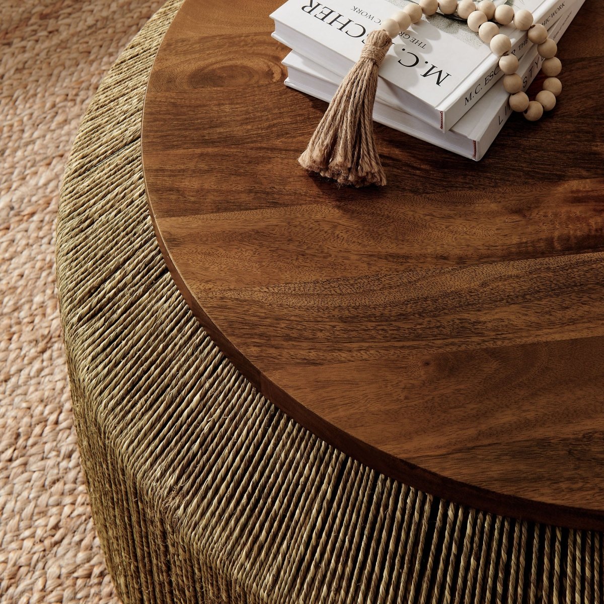 37 Inch Artisan Handwoven Seagrass and Solid Wood Coffee Table in Walnut Natural - Coffee Tables available at Alpine Outlets in Denver