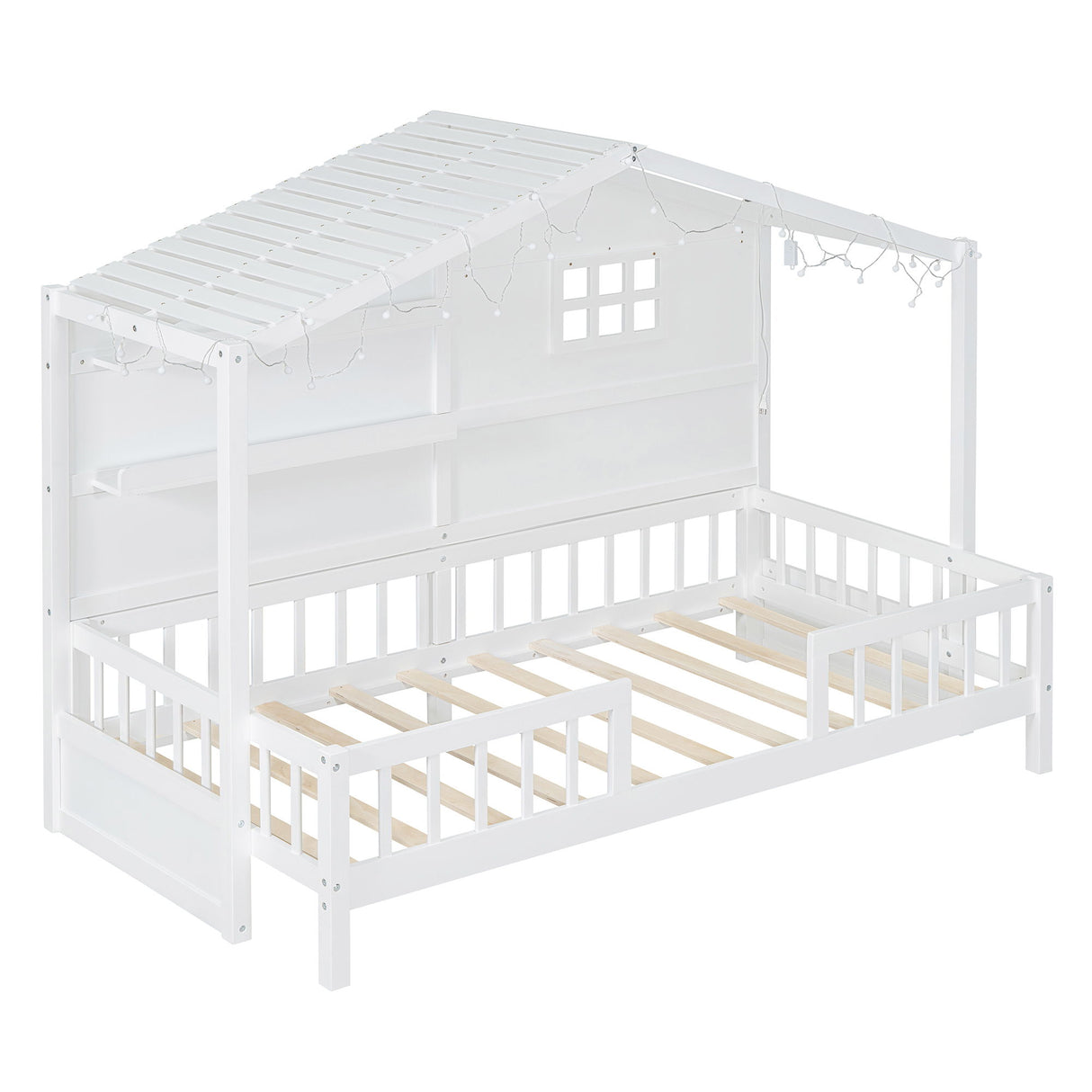House Bed With Shelves, Window And Sparkling Light Strip On The Roof