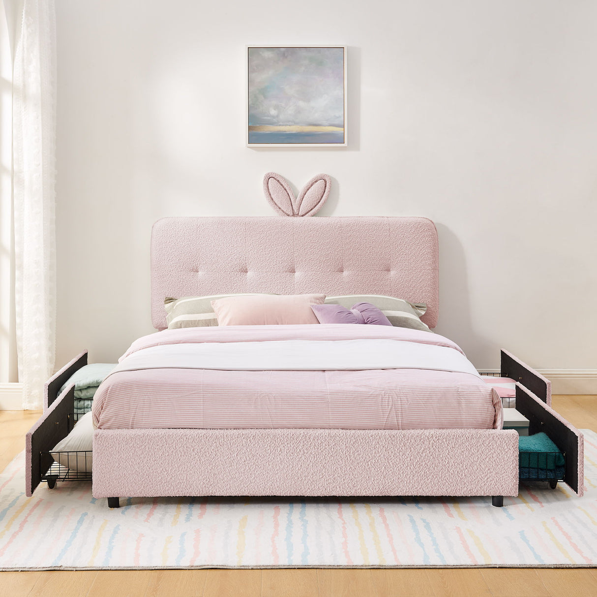 Upholstered Bed With Oversized Rabbit Ear Headboard, LED Lights & 4 Storage Drawers