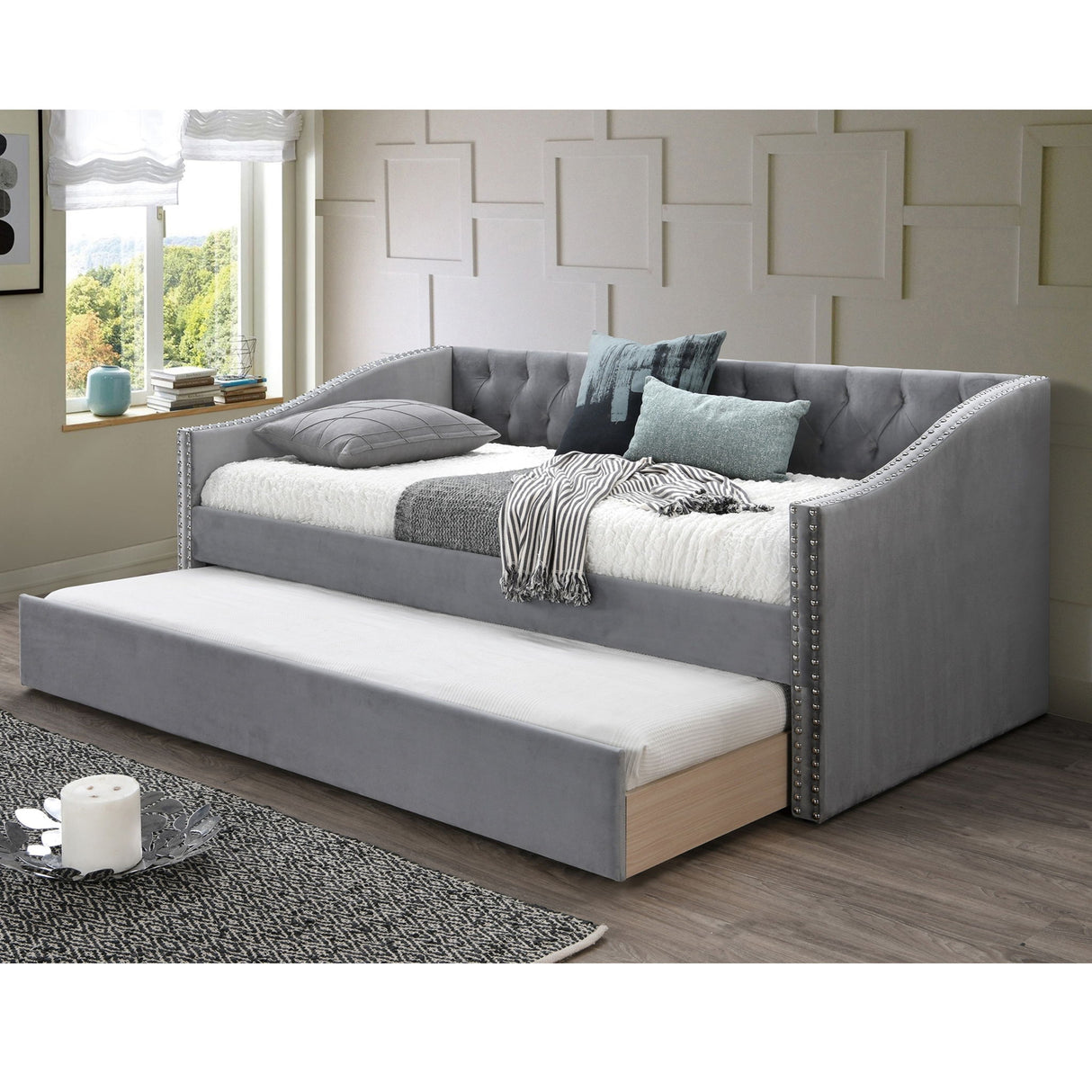 Daybed With Trundle Nailhead Trim Button Tufted