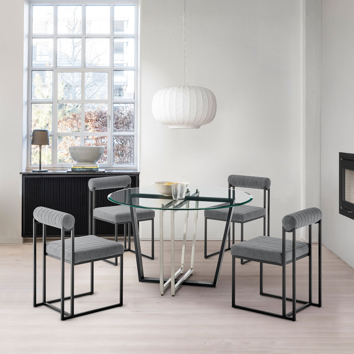 Devi Anastasia - 5 Piece Round Glass Dining Table Set - Matte Black / Anchor Gray