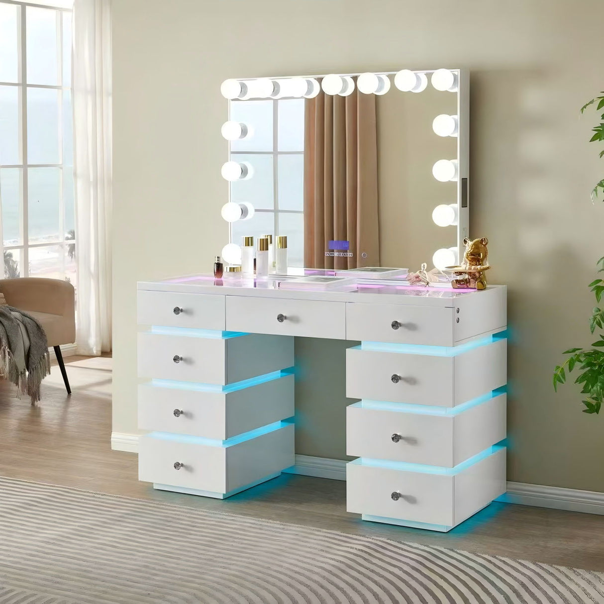LED Lighted Makeup Vanity Desk With 15 Bulbs Mirror, RGB Light Drawers, 9 Drawers Dressing Table For Bedroom - Gloss White