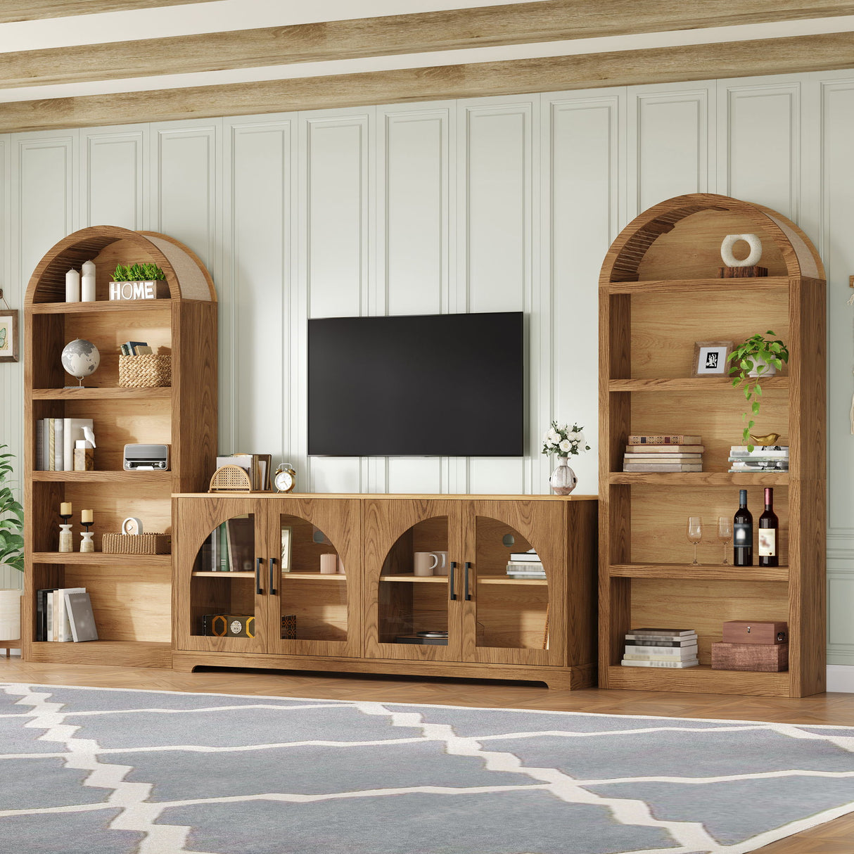 3 Piece TV Stand Set With Bookshelf With Arched Design For Living Room - Brown