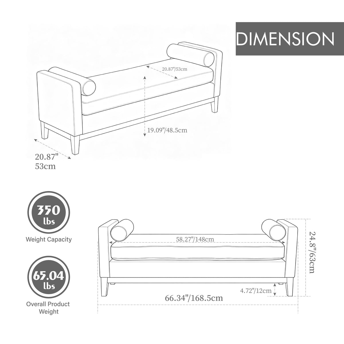 Upholstered End Of Bed Bench With Arms, 2 Bolsters For Bedroom - Black