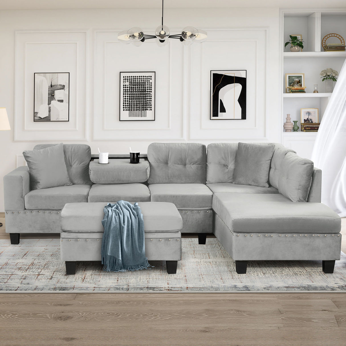 Modern Sectional Sofa With Storage Ottoman, L - Shape Couch With 2 Pillows And Cup Holders