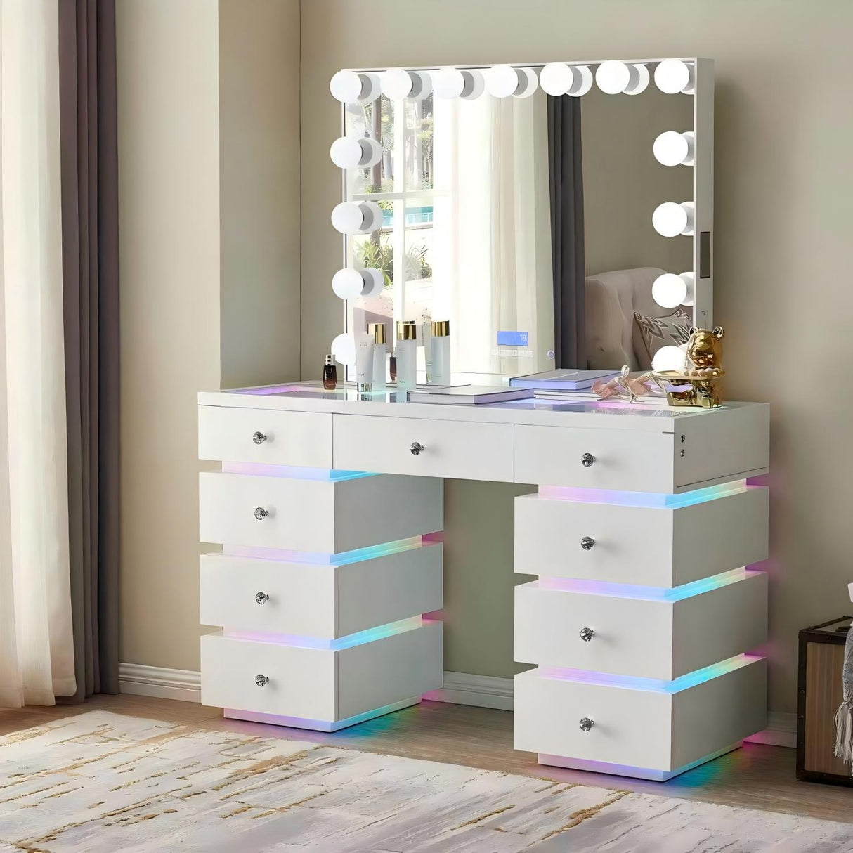 LED Lighted Makeup Vanity Desk With 15 Bulbs Mirror, RGB Light Drawers, 9 Drawers Dressing Table For Bedroom - Gloss White