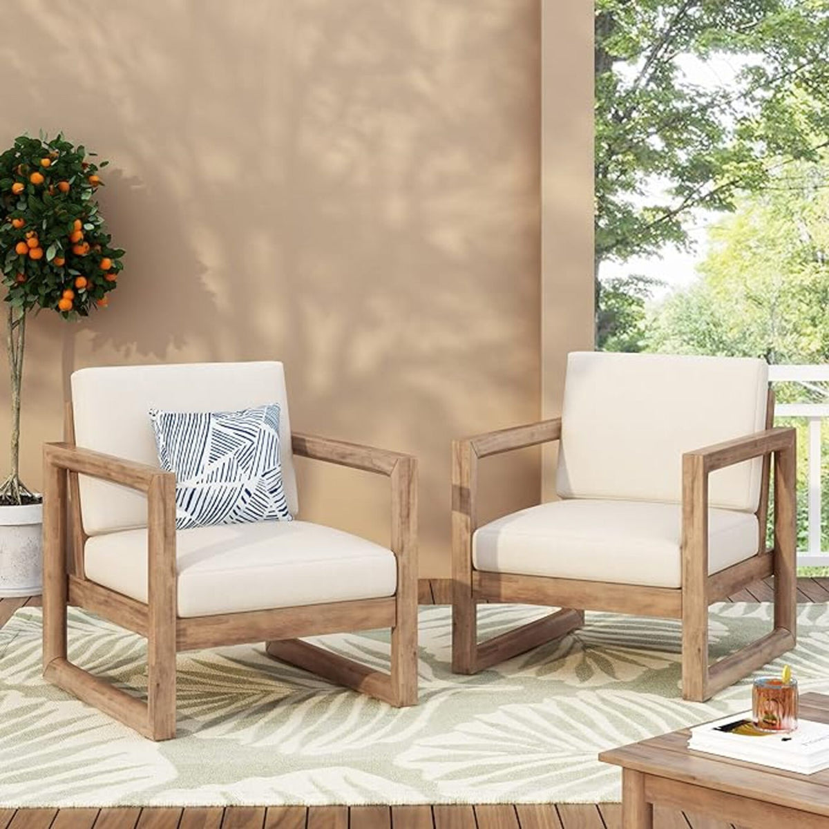 Outdoor Acacia Wood Patio Club Chair, Wood Patio Furniture, Waterproof Thick Cushion Deep Seating For Porch - Brown Wash / Beige