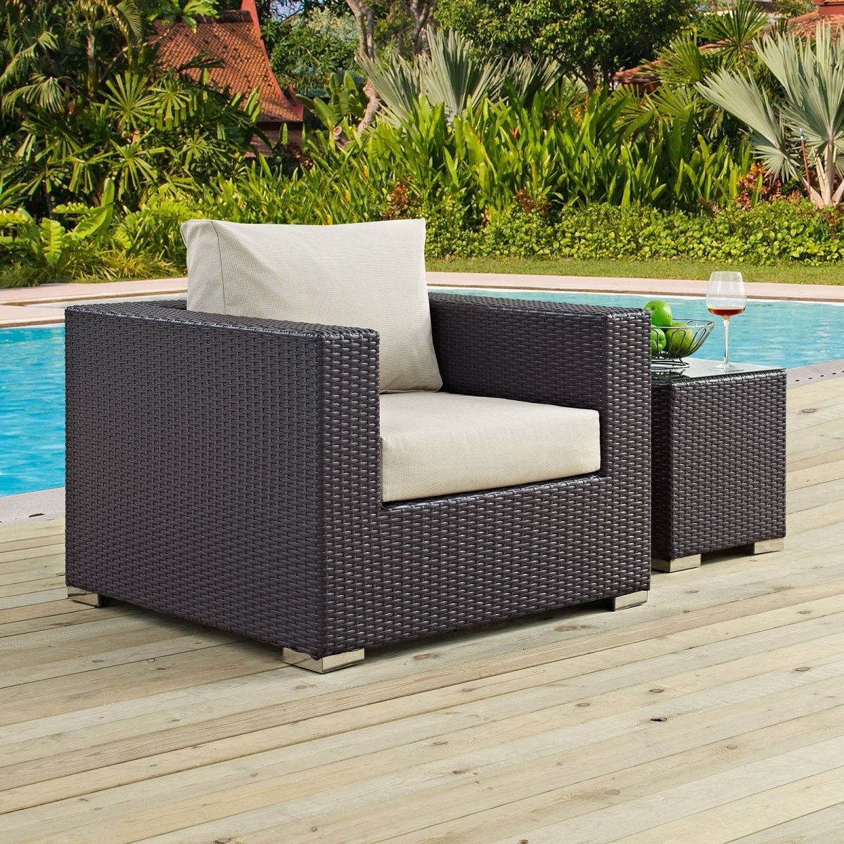 38" Espresso Wicker Outdoor Patio Armchair with Beige Cushions - Outdoor - Alpine Outlets