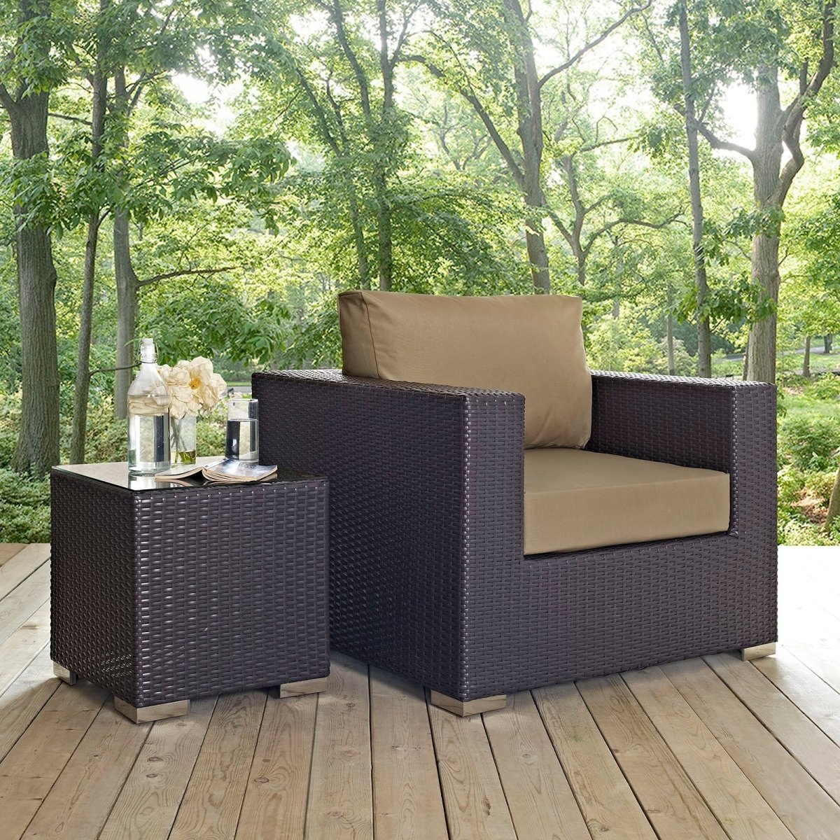 38" Espresso Wicker Outdoor Patio Armchair with Mocha Cushions - Outdoor - Alpine Outlets