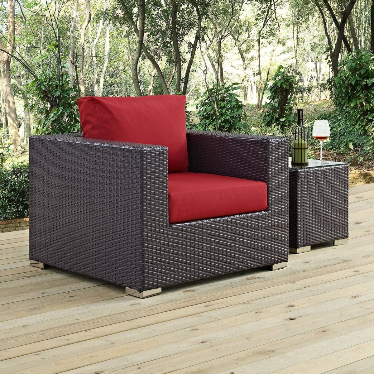 38" Espresso Wicker Outdoor Patio Armchair with Red Cushions - Outdoor - Alpine Outlets