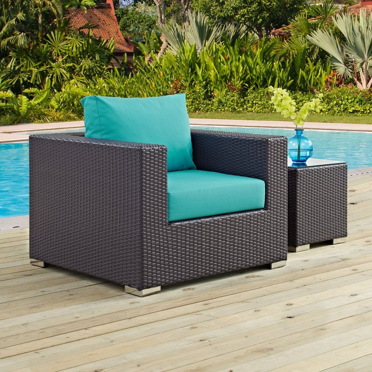 38" Espresso Wicker Outdoor Patio Armchair with Turquoise Cushions - Outdoor - Alpine Outlets