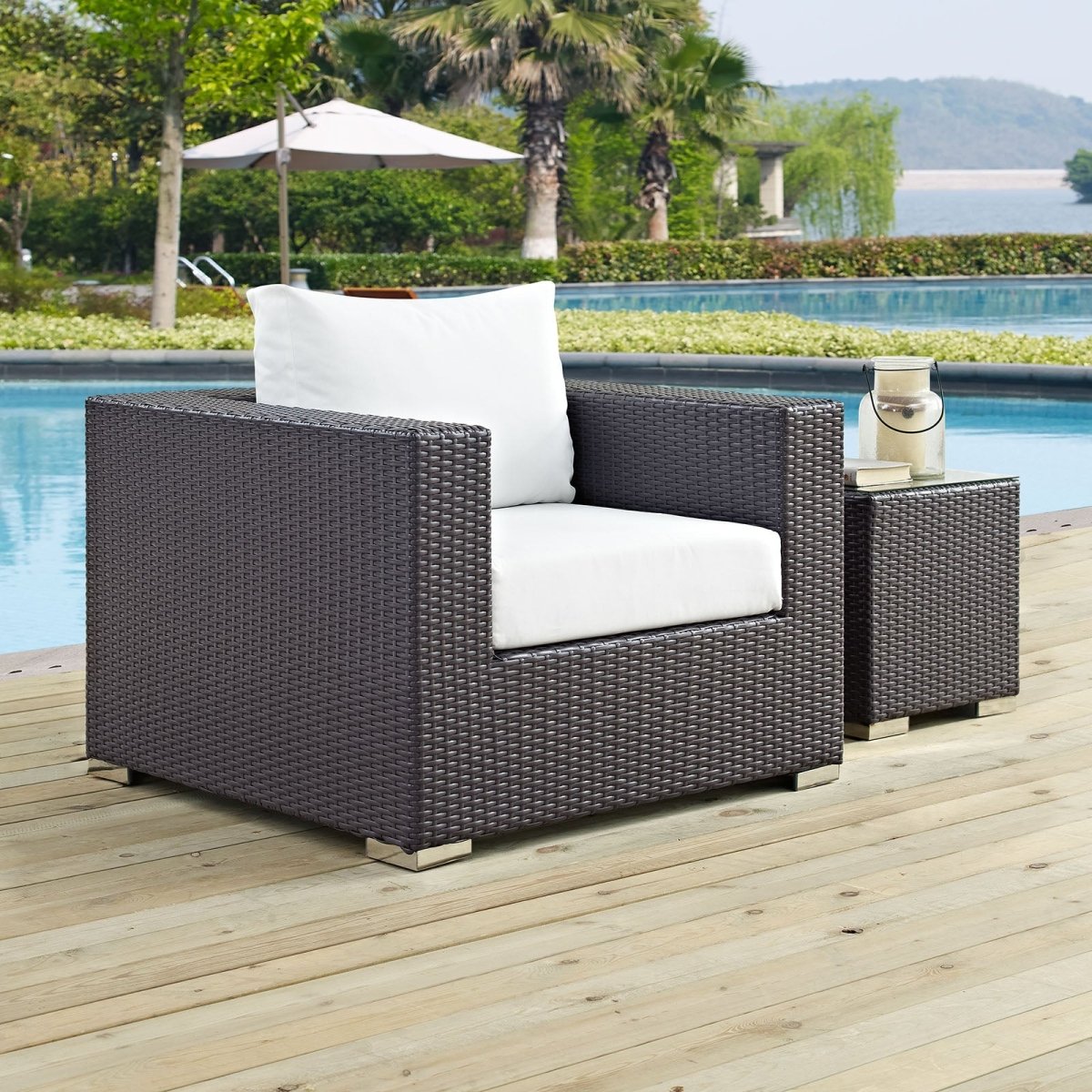 38" Espresso Wicker Outdoor Patio Armchair with White Cushions - Outdoor - Alpine Outlets