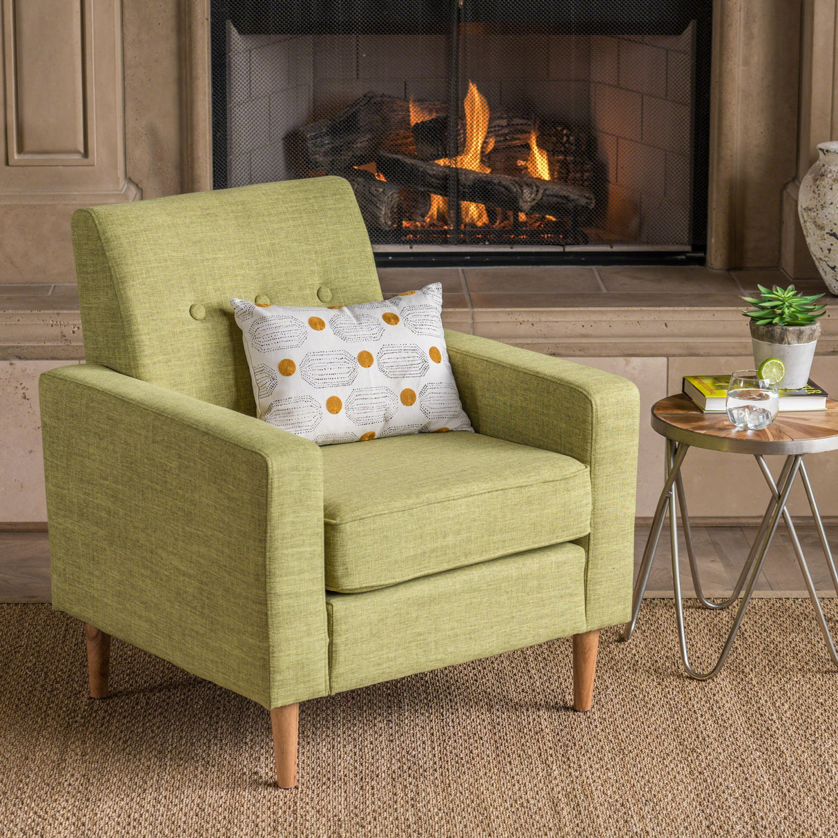 Modern Club Chair, Elegant Fabric With Rubberwood Legs - Green