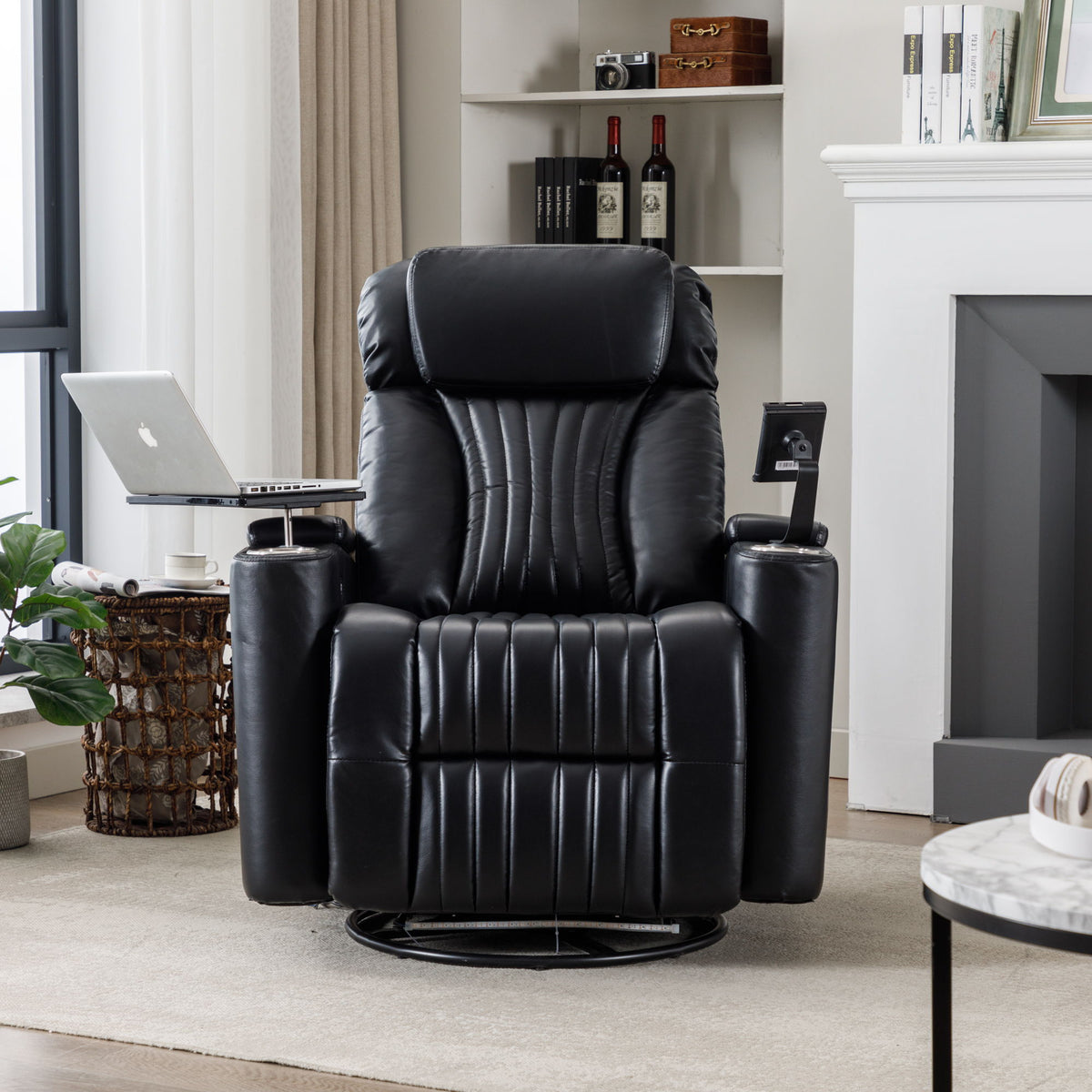 270° Power Swivel Recliner Home Theater Chair With Hidden Arm Storage, LED Light, Cup Holder, And Tray Table