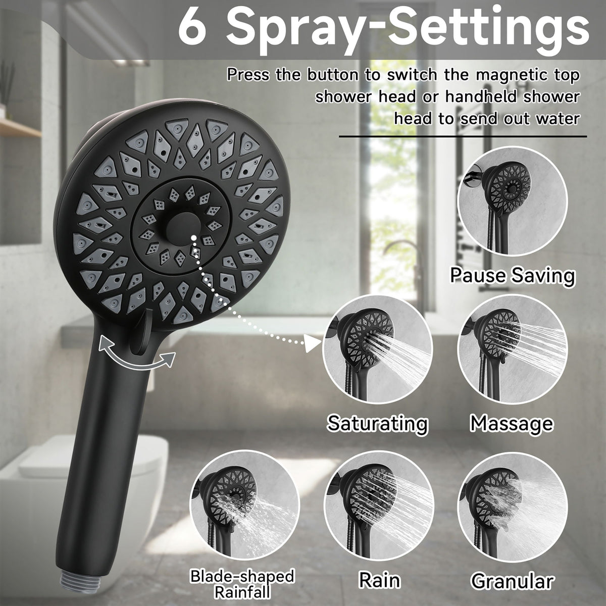 High Pressure Shower Heads 6 Spray Mode Handheld Shower With 60" Stainless Steel Hose - Matte Black