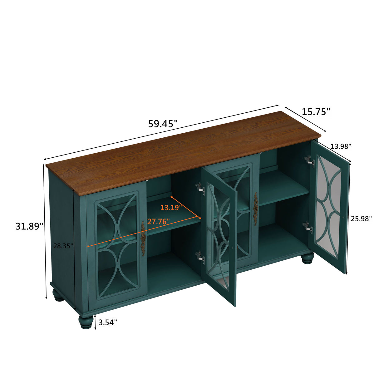 4 Door Sideboard Cabinet with Tempered Glass Doors and Wood 59x32in