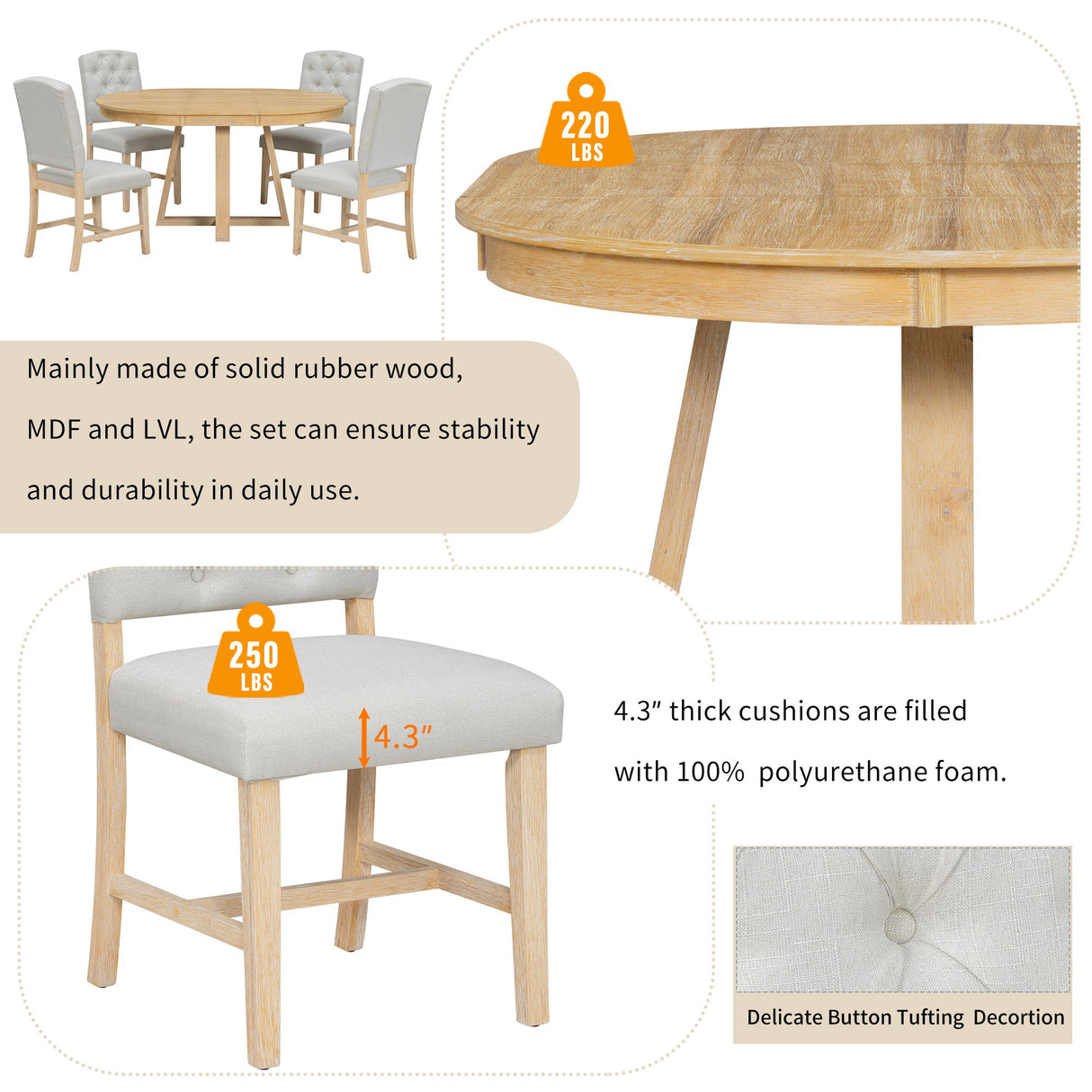 Dining Set With Leaf Round Table And 4 Upholstered Chairs