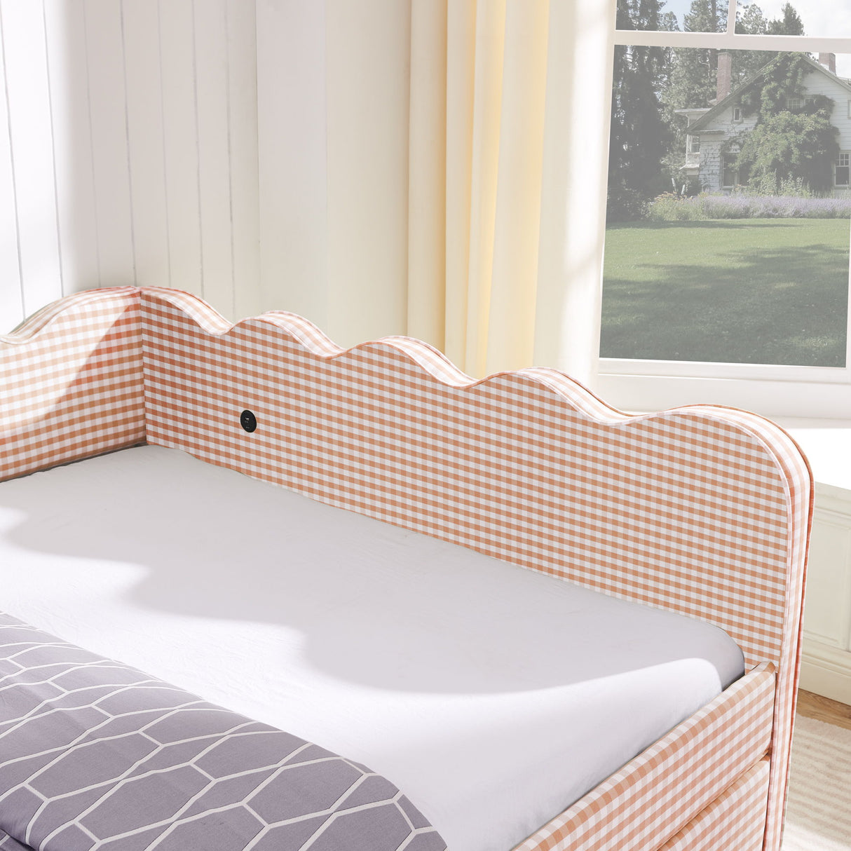 Gingham Daybed With USB Charging Port, Wave-Shaped Design