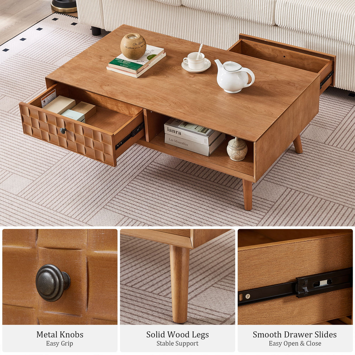 Coffee Table With Hidden Drawer And Open Shelf