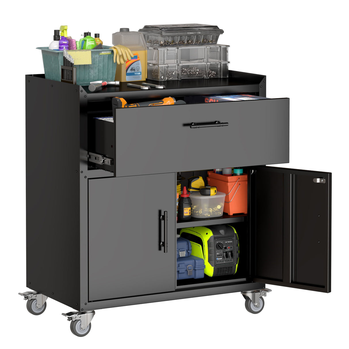 Rolling Metal Tool Storage Cabinet, Lockable Garage Storage Cabinet, Locking Metal Storage Cabinet With Wheels, Rolling Tool Chest, Assembly Required - Black