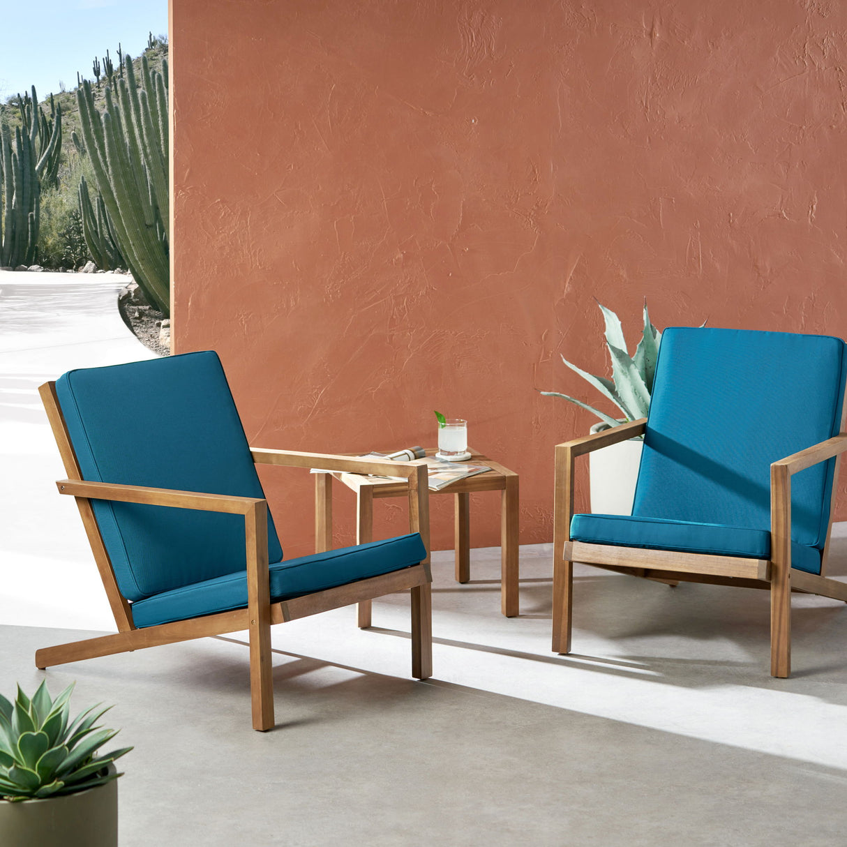 Celestaria - 3 Piece Outdoor Chat Set With Adirondack Chairs, Cushions And Side Table