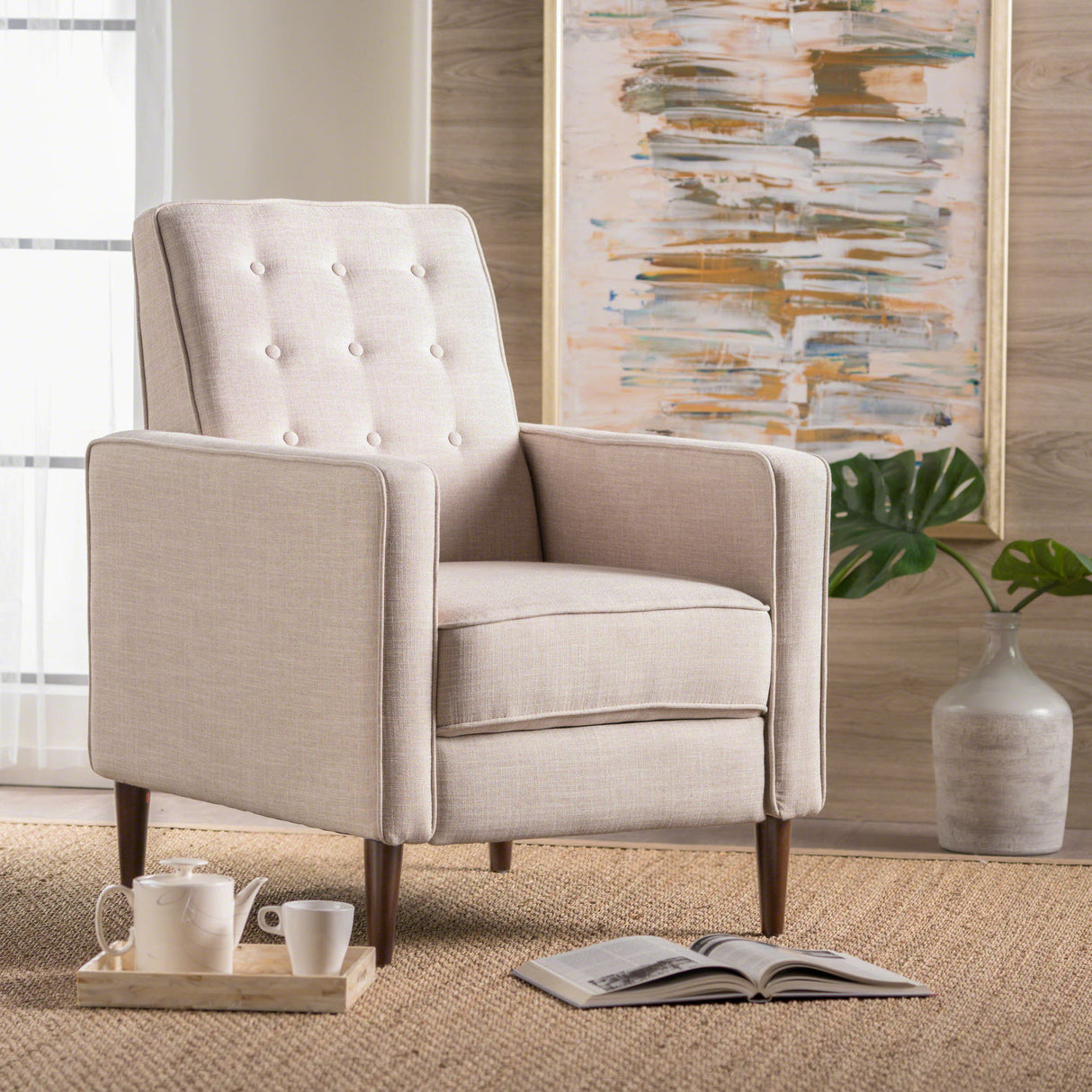 Mid-Century Modern Recliner With Button Tufted Waffle Stitch