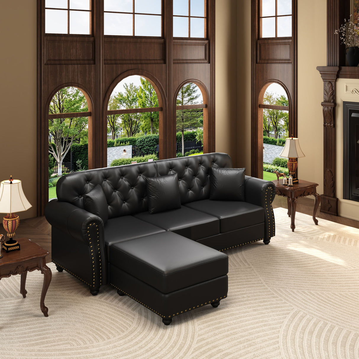 Upholstered Sofa With Nailhead Trim, Rolled Armrests With Ottoman