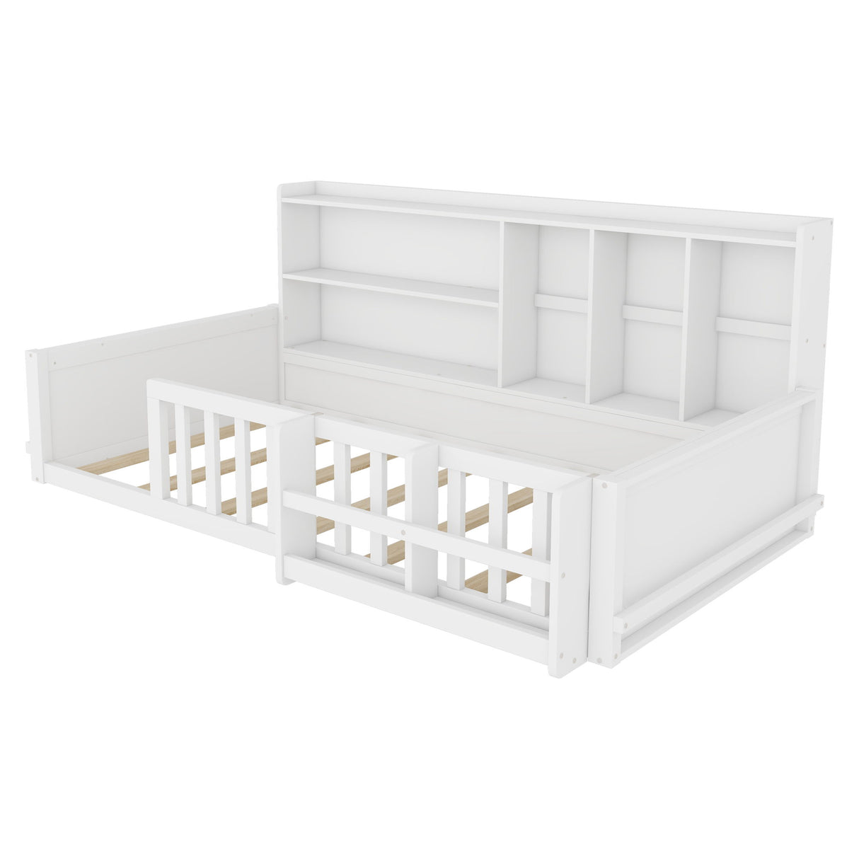 Platform Bed Frame With Guardrail, Storage Shelves & Bookshelf