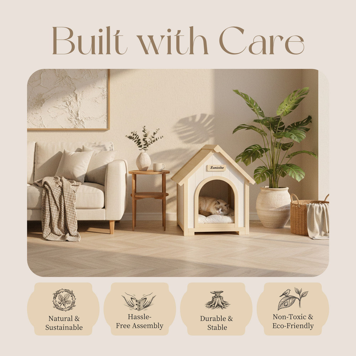 Indoor Dog House With Cushion Pet House For Small Dogs & Cats - Creamy White / Light Yellow