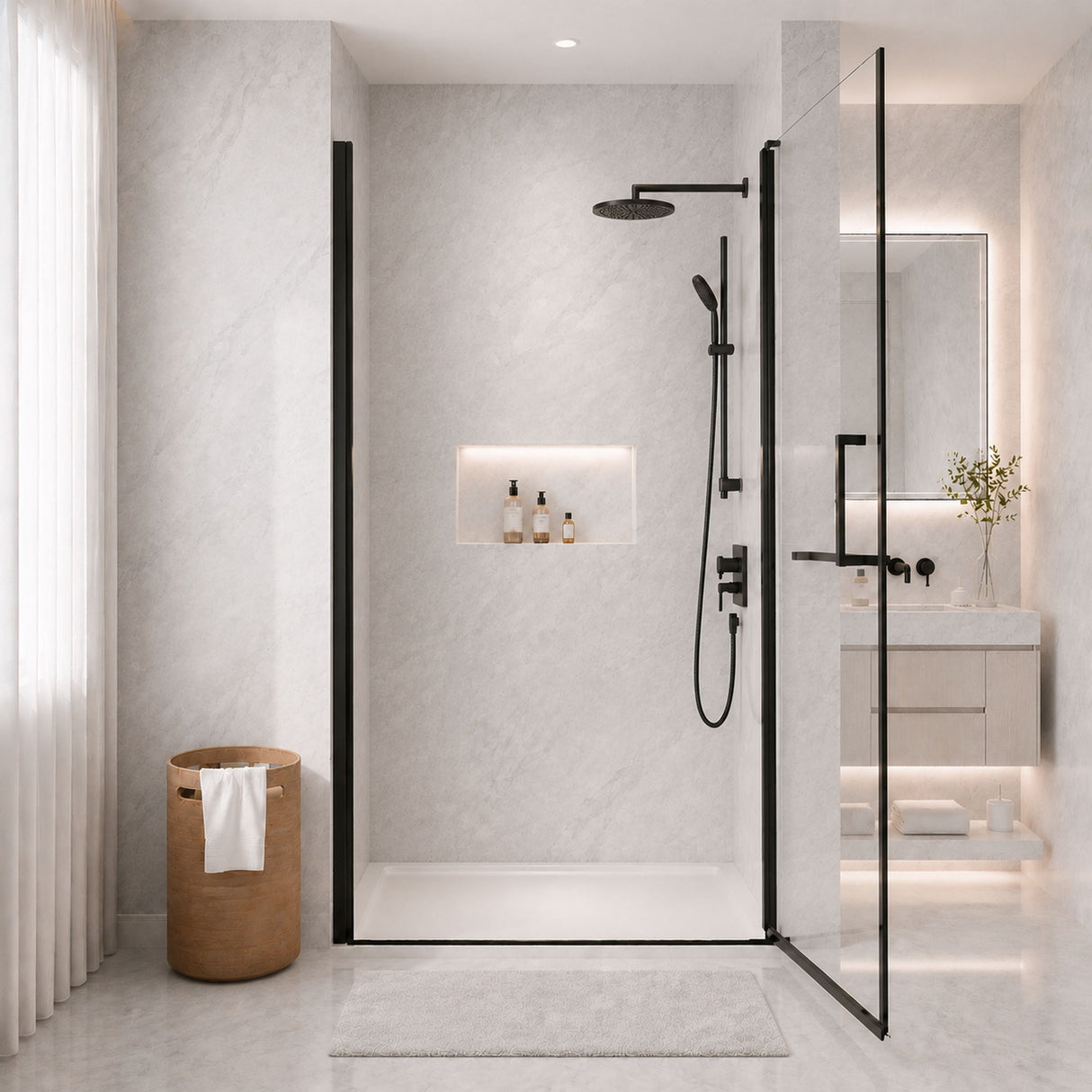 Semi-Frameless Pivot Shower Door With Adjustable Width, Reversible Installation
