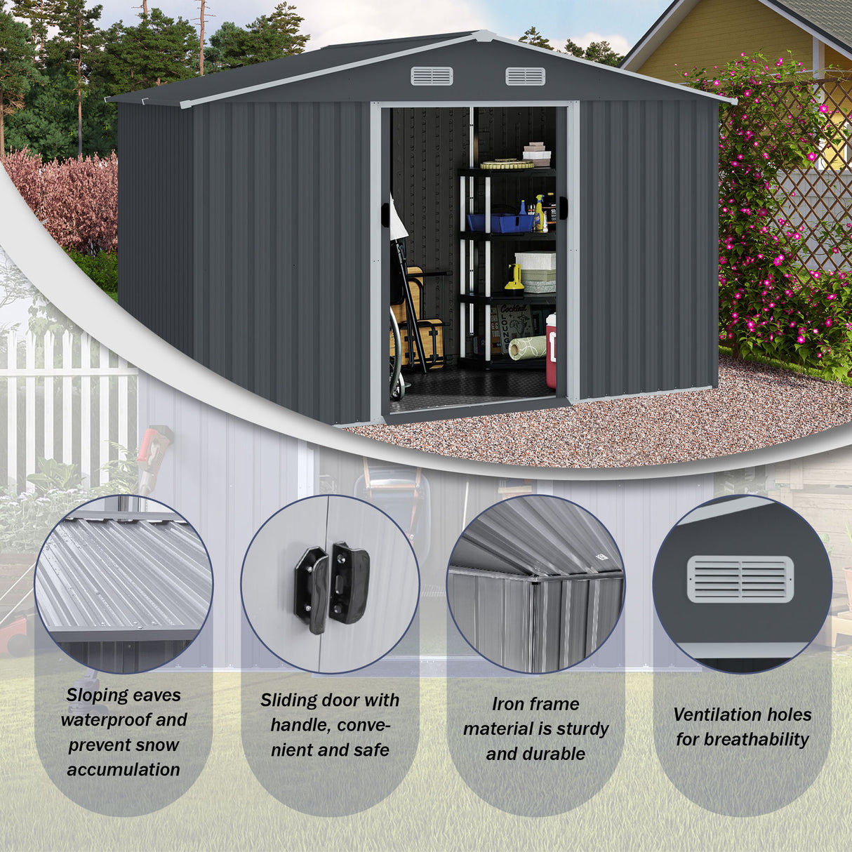 Outdoor Storage Shed Garden Building Heavy Duty Metal Sloped Roof Gray