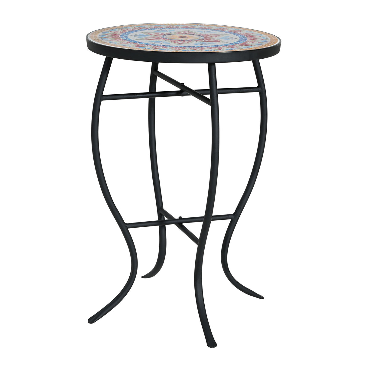 Outdoor Round Side Table With Mosaic Style Top And Curved Iron Legs