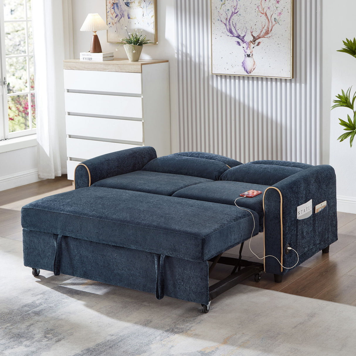 Pull Out Sofa Bed With Adjustable 3 Position Backrest, USB Charging Ports, Side Pockets
