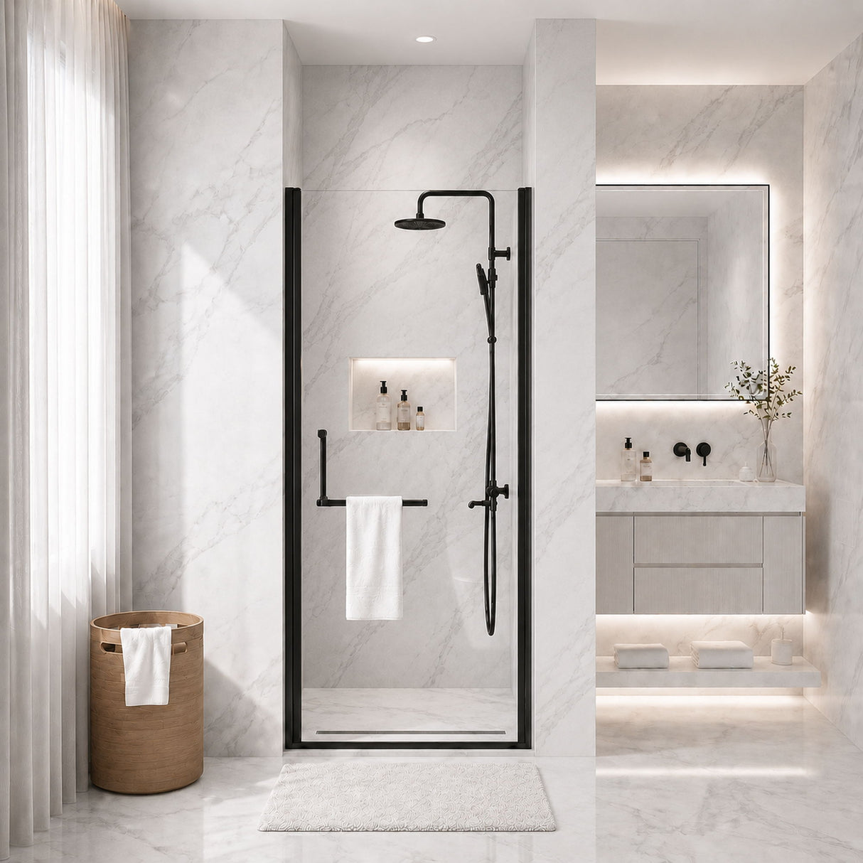 Semi-Frameless Pivot Shower Door With Adjustable Width, Reversible Installation