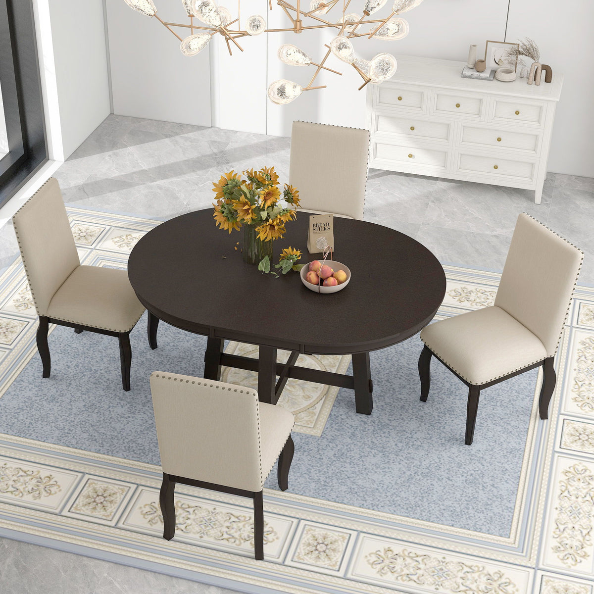 Round Extendable Dining Table Set With 4 Upholstered Chairs