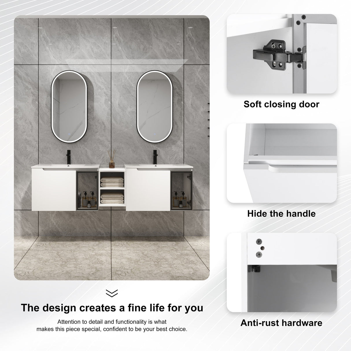 Wall Mounted Bathroom Vanity With Sink, Soft Close Doors, Cabinet & Half Door